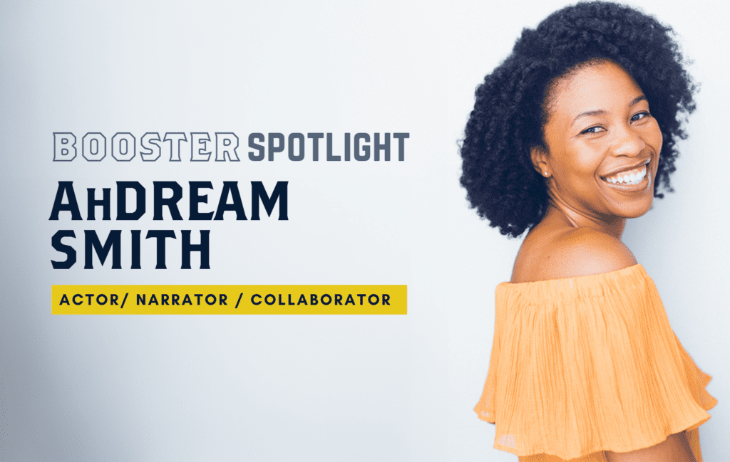 AhDream Smith. Actor, narrator, collaborator. AhDream has dark skin, short, black, textured hair, and she wears a yellow off-the-shoulder ruffled top.
