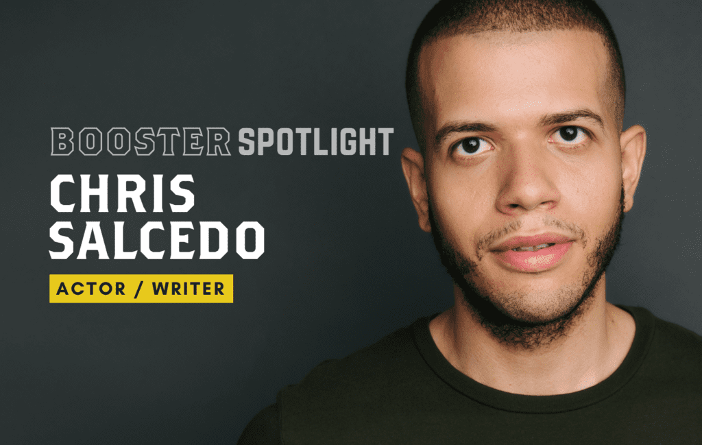 Chris Salcedo. Actor, writer. Chris has a medium skin tone, deep brown eyes, a buzzed head, and short brown facial hair.